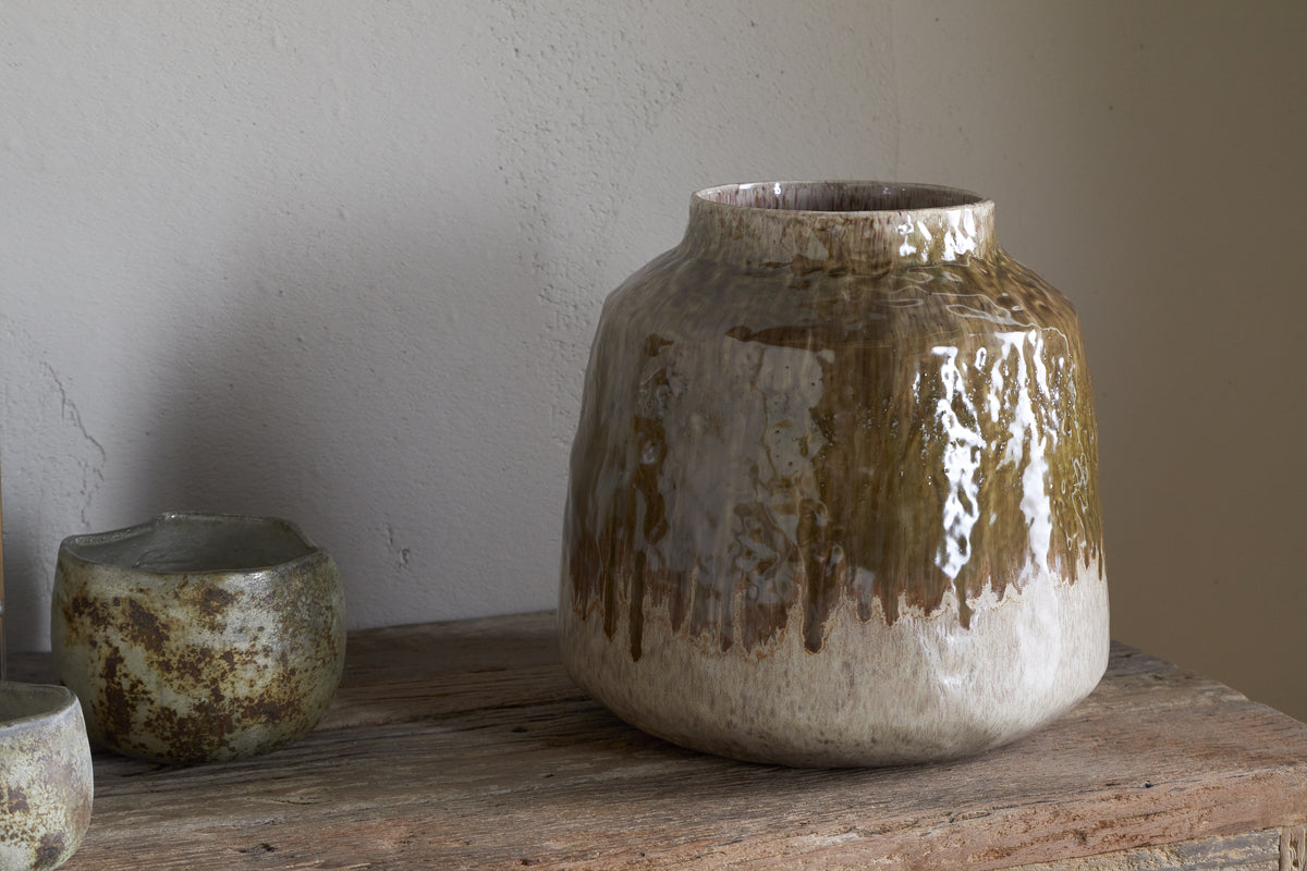Vase Melina en émail réactif - Olive et naturel