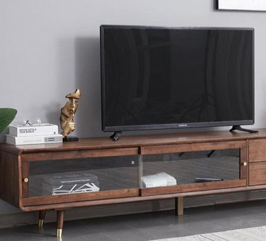 Meuble TV DOMINIC avec portes coulissantes en verre, style rétro moderne