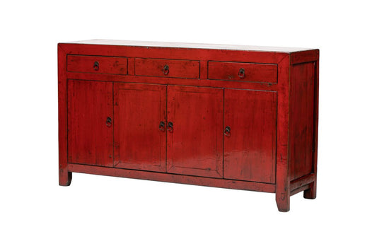 Buffet Dongbei rouge vintage Liu à 3 tiroirs et 4 portes