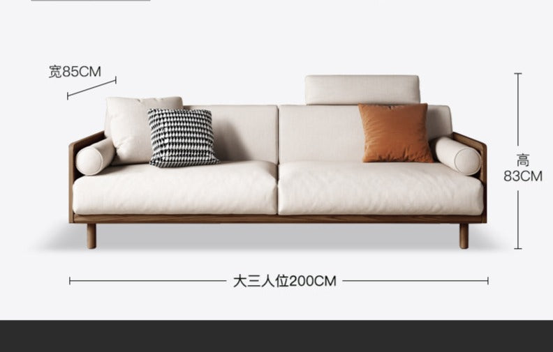 Canapé Avery en bois massif avec coussin amovible en tissu de style japonais