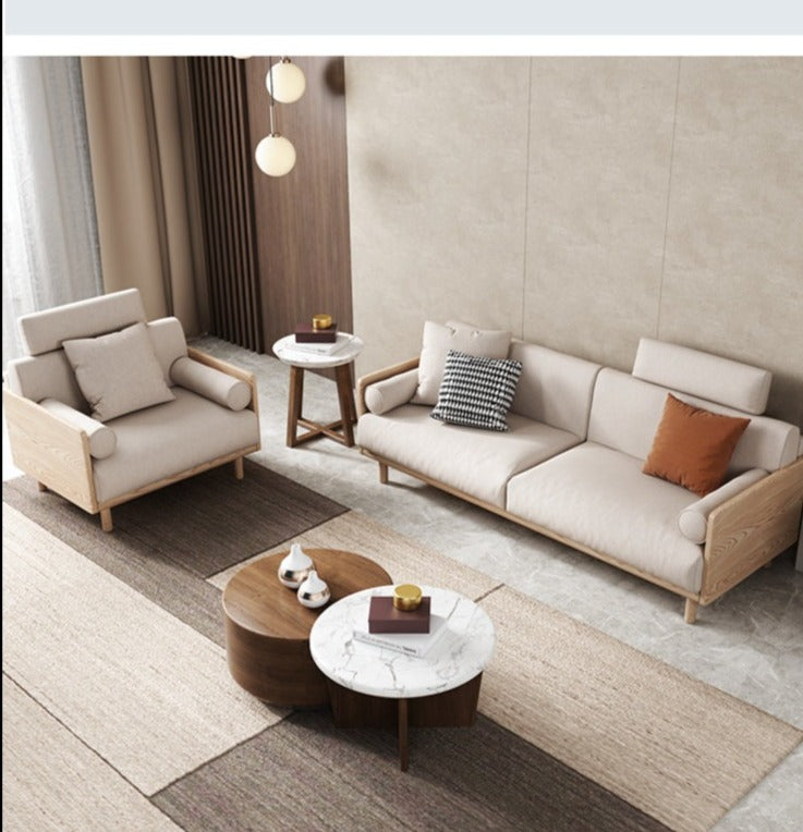 Canapé Avery en bois massif avec coussin amovible en tissu de style japonais