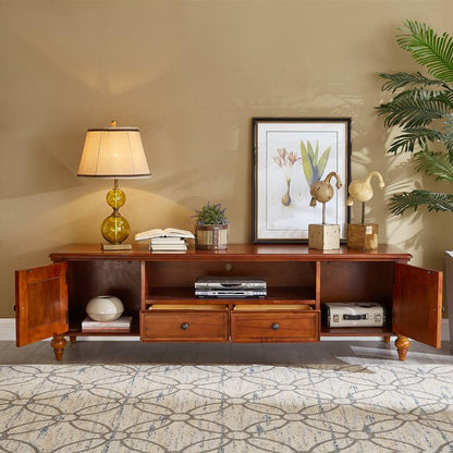 Vitrine en verre Calvin 2 tiroirs, console TV, table basse, salon de style classique américain en bois massif