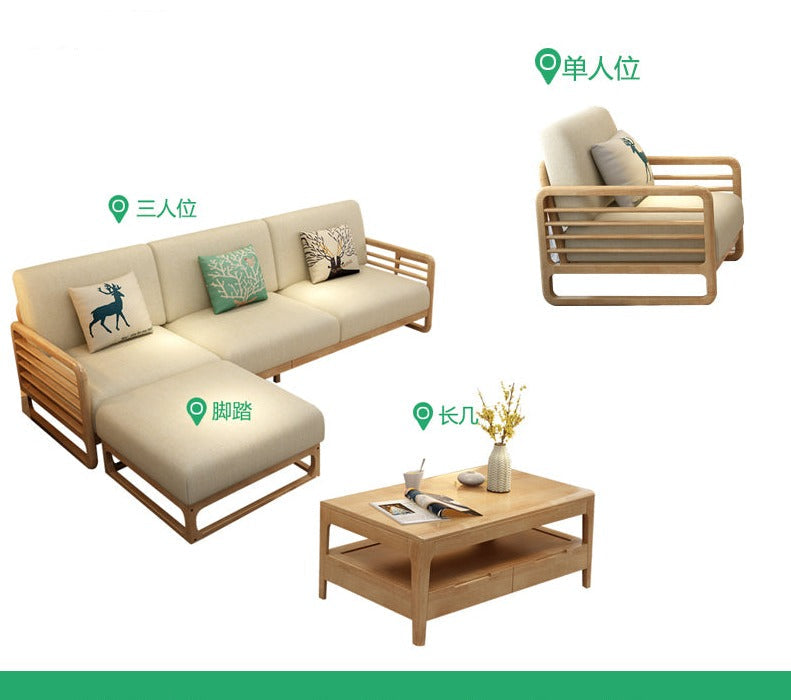 Canapé scandinave de luxe ARIA en bois massif de style nordique (couleur noyer/naturel, ensemble de 10 combinaisons)