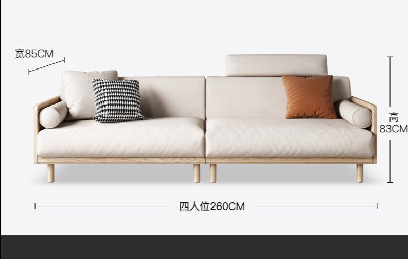 Canapé Avery en bois massif avec coussin amovible en tissu de style japonais