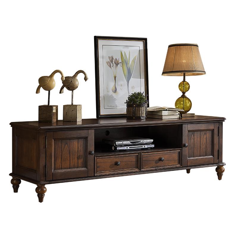 Vitrine en verre Calvin 2 tiroirs, console TV, table basse, salon de style classique américain en bois massif