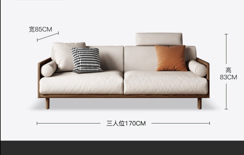 Canapé Avery en bois massif avec coussin amovible en tissu de style japonais