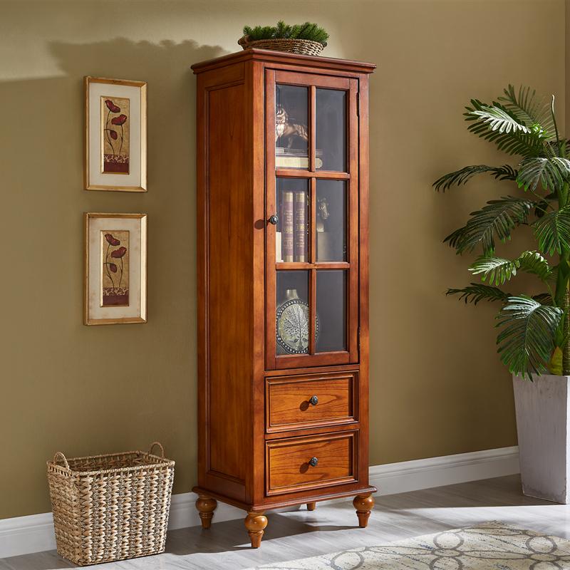 Vitrine en verre Calvin 2 tiroirs, console TV, table basse, salon de style classique américain en bois massif
