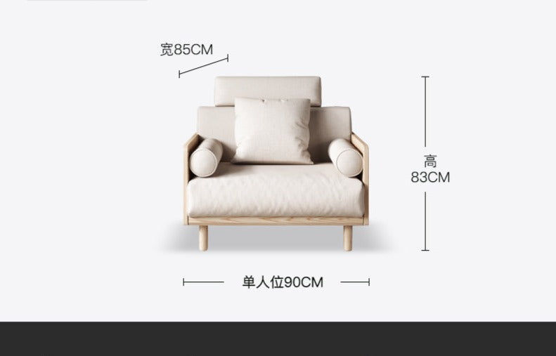 Canapé Avery en bois massif avec coussin amovible en tissu de style japonais