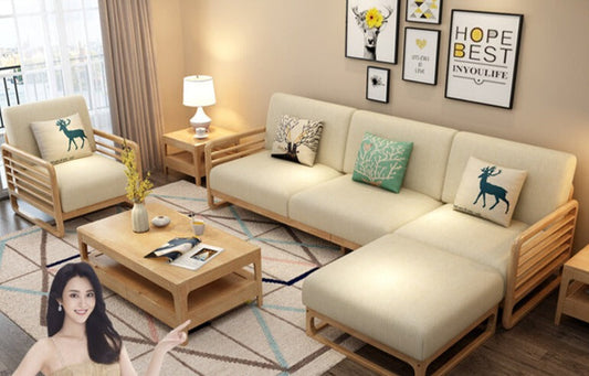 Canapé scandinave de luxe ARIA en bois massif de style nordique (couleur noyer/naturel, ensemble de 10 combinaisons)