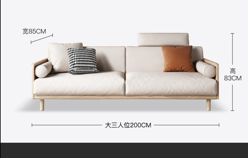 Canapé Avery en bois massif avec coussin amovible en tissu de style japonais