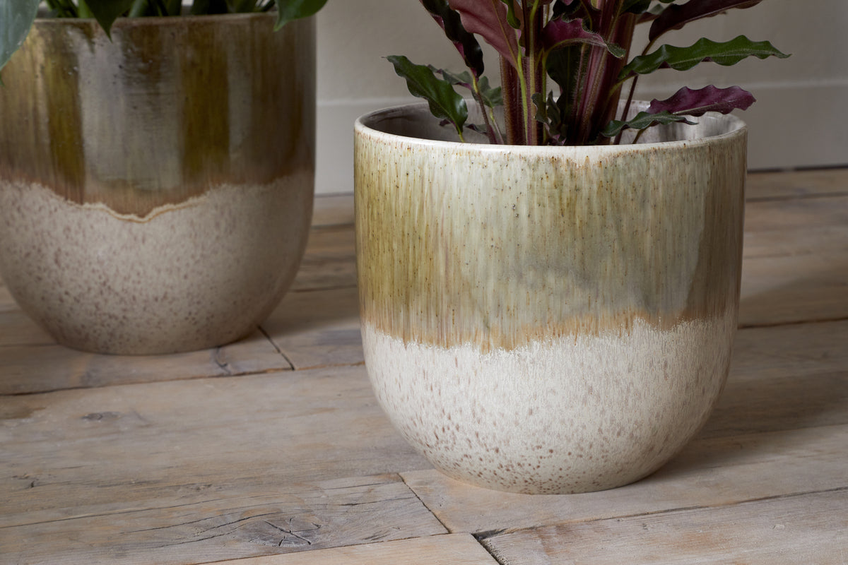 Pot de fleurs Almeida en émail réactif - Olive et naturel