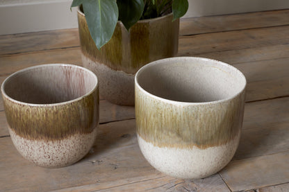 Pot de fleurs Almeida en émail réactif - Olive et naturel