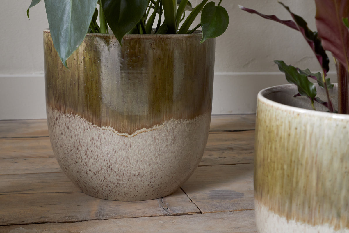 Pot de fleurs Almeida en émail réactif - Olive et naturel