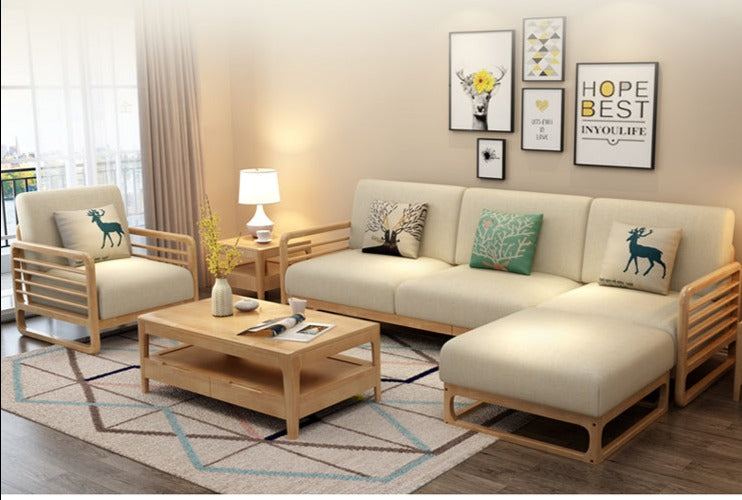 Canapé scandinave de luxe ARIA en bois massif de style nordique (couleur noyer/naturel, ensemble de 10 combinaisons)