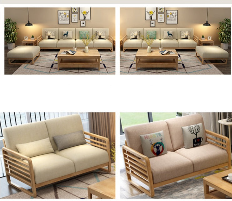 Canapé scandinave de luxe ARIA en bois massif de style nordique (couleur noyer/naturel, ensemble de 10 combinaisons)