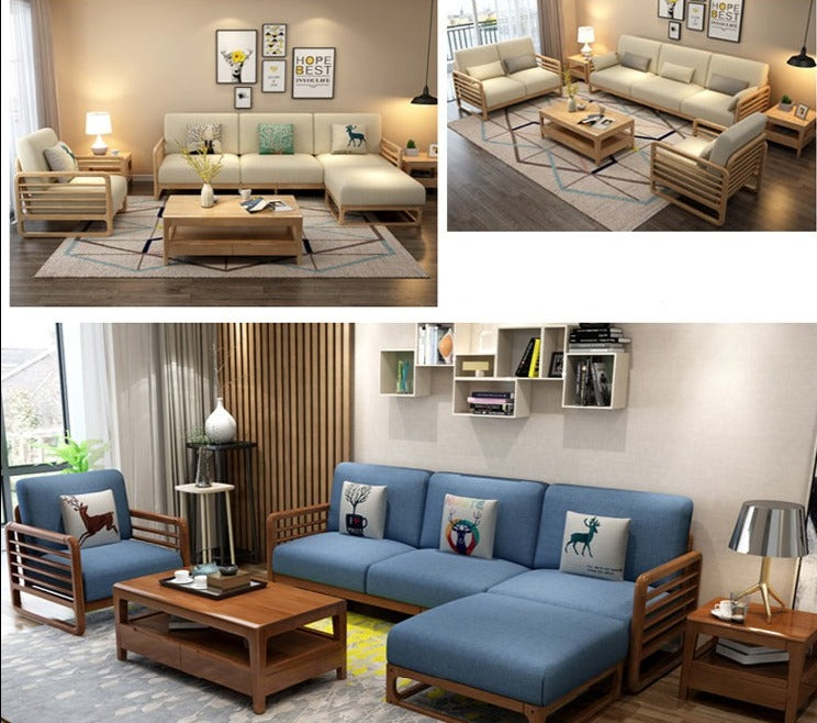 Canapé scandinave de luxe ARIA en bois massif de style nordique (couleur noyer/naturel, ensemble de 10 combinaisons)