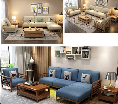 Canapé scandinave de luxe ARIA en bois massif de style nordique (couleur noyer/naturel, ensemble de 10 combinaisons)