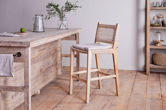 Chaise de comptoir en bois de manguier et corde Aamani - Naturel