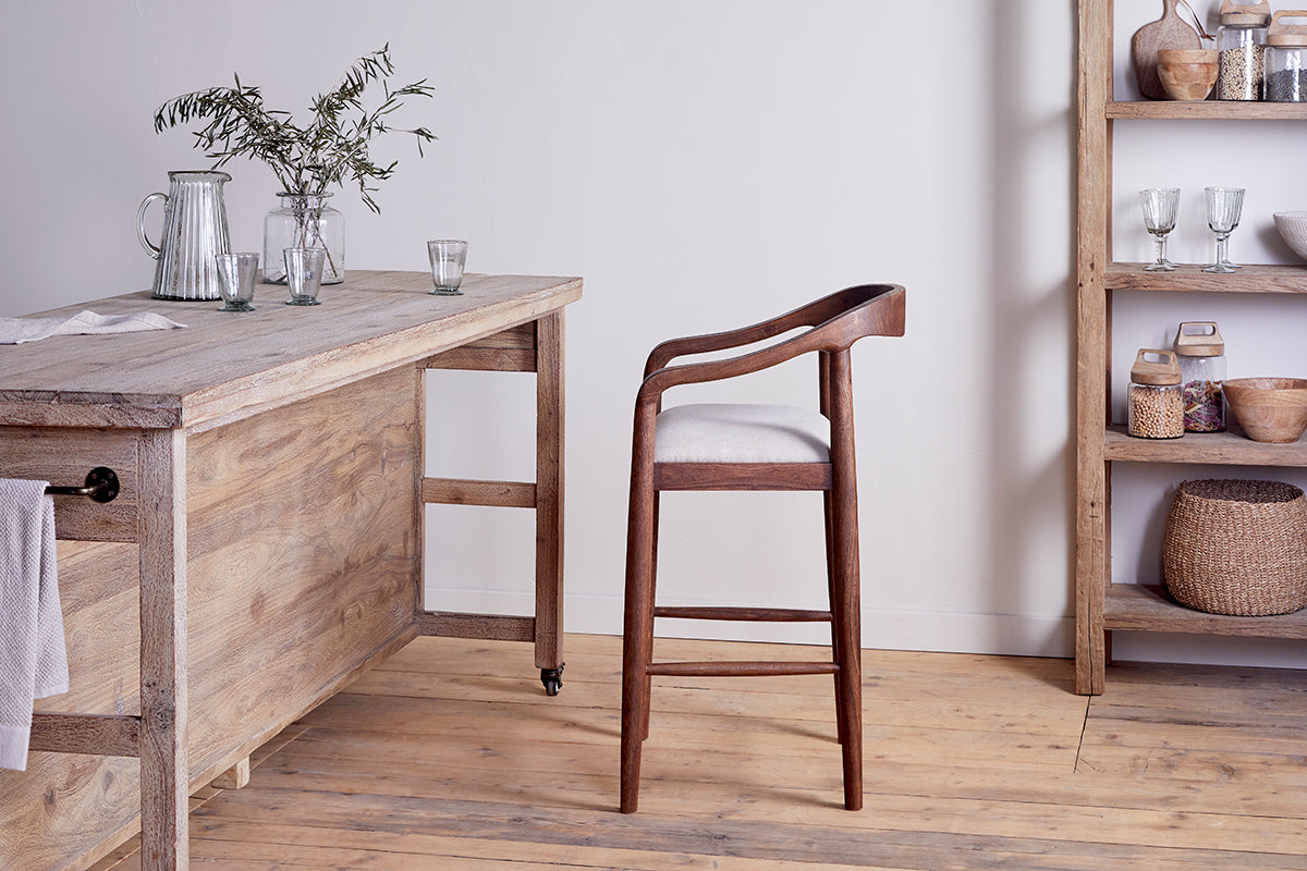 Chaise de comptoir rembourrée en acacia Anbu - Noyer lavé