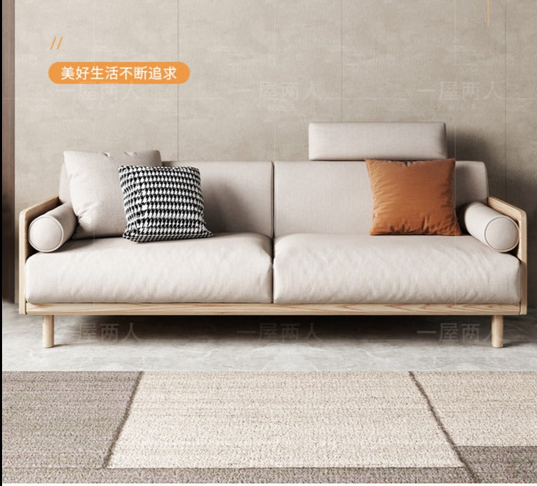 Canapé Avery en bois massif avec coussin amovible en tissu de style japonais