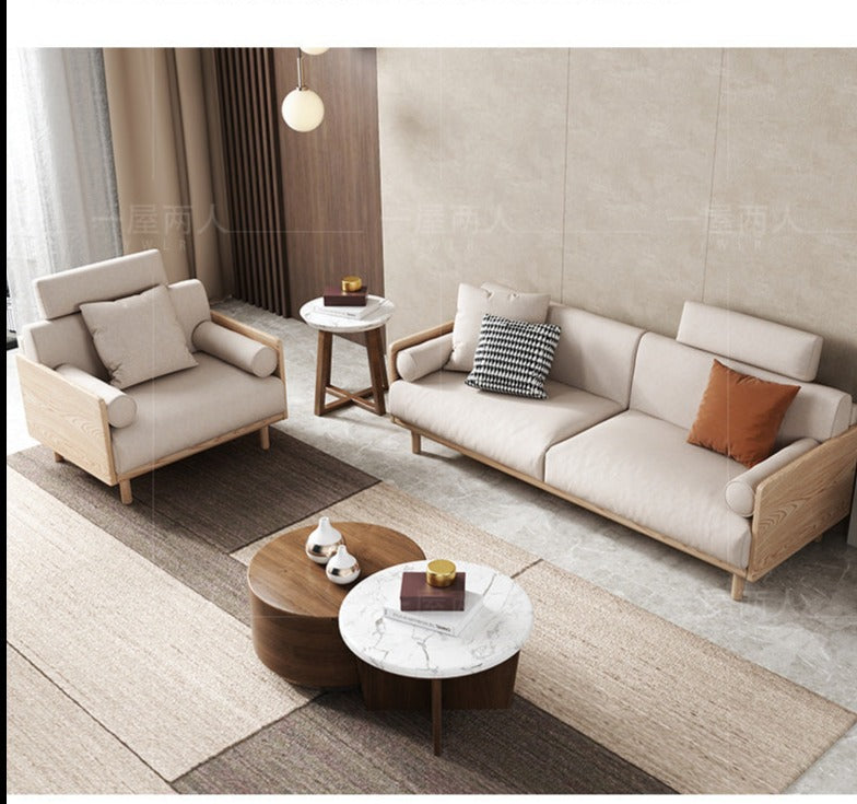 Canapé Avery en bois massif avec coussin amovible en tissu de style japonais