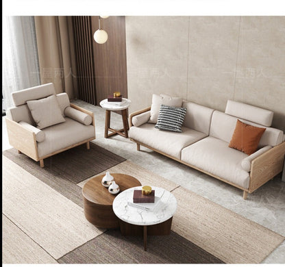 Canapé Avery en bois massif avec coussin amovible en tissu de style japonais