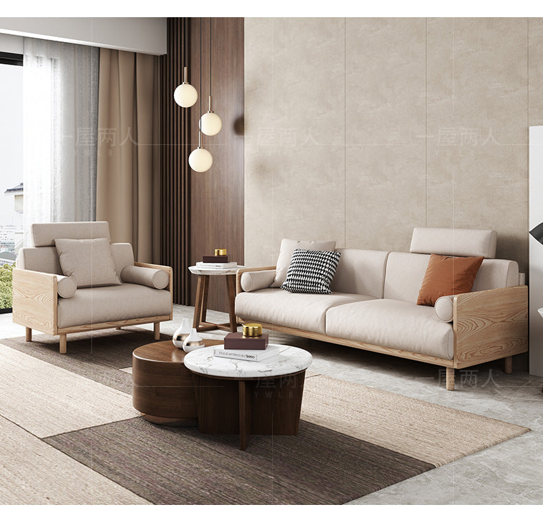 Canapé Avery en bois massif avec coussin amovible en tissu de style japonais