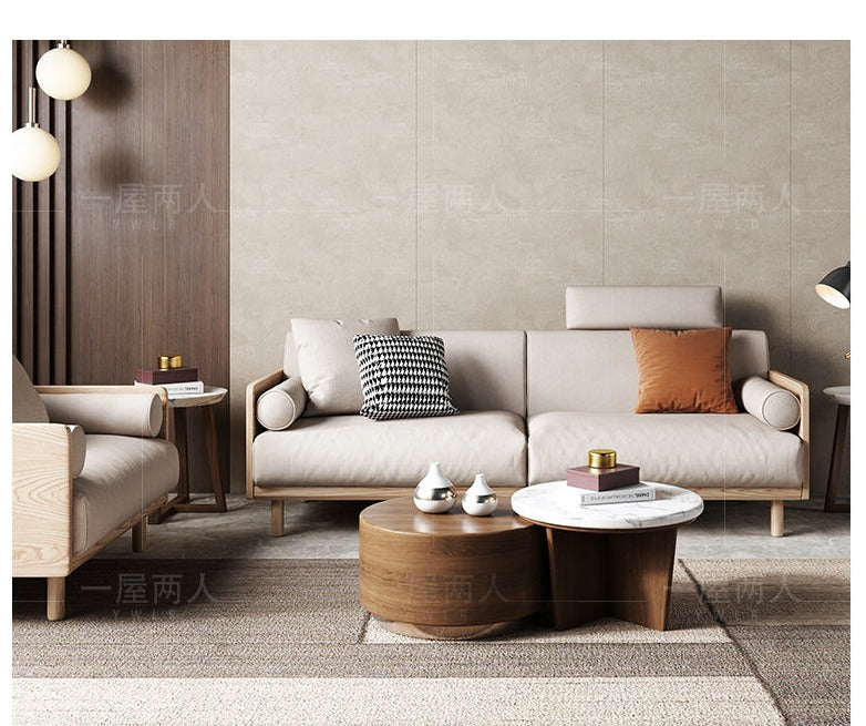 Canapé Avery en bois massif avec coussin amovible en tissu de style japonais