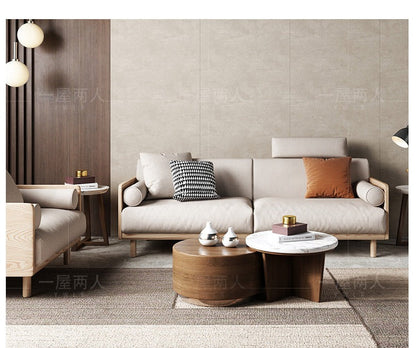 Canapé Avery en bois massif avec coussin amovible en tissu de style japonais