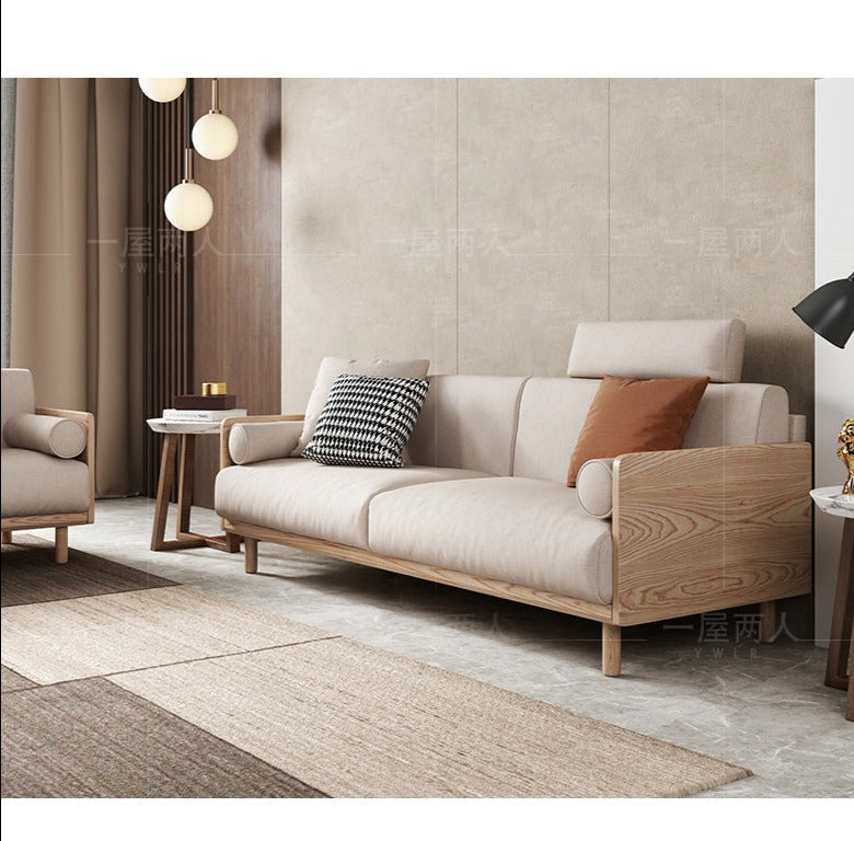 Canapé Avery en bois massif avec coussin amovible en tissu de style japonais