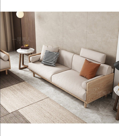 Canapé Avery en bois massif avec coussin amovible en tissu de style japonais