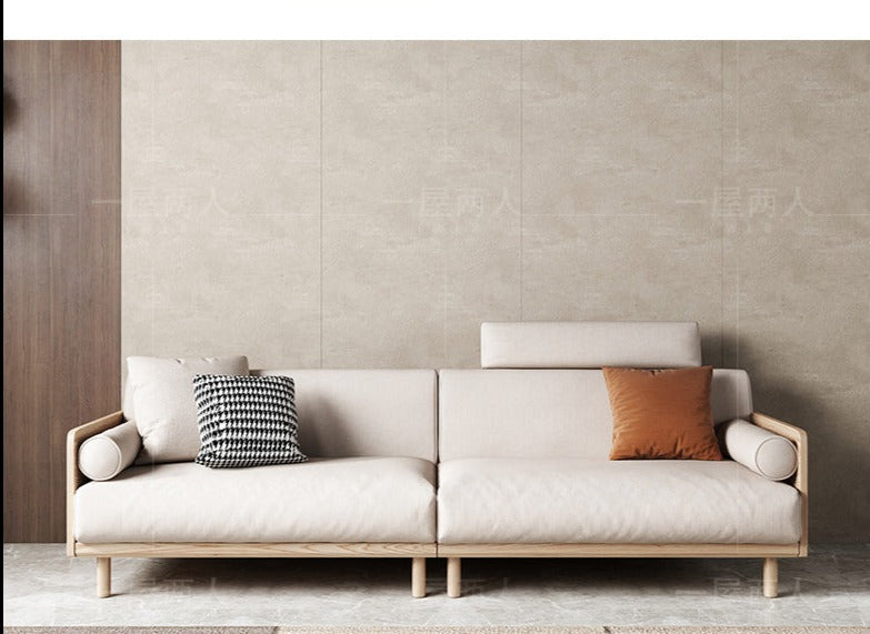 Canapé Avery en bois massif avec coussin amovible en tissu de style japonais