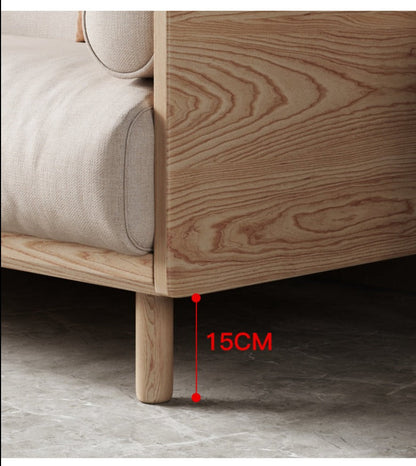 Canapé Avery en bois massif avec coussin amovible en tissu de style japonais