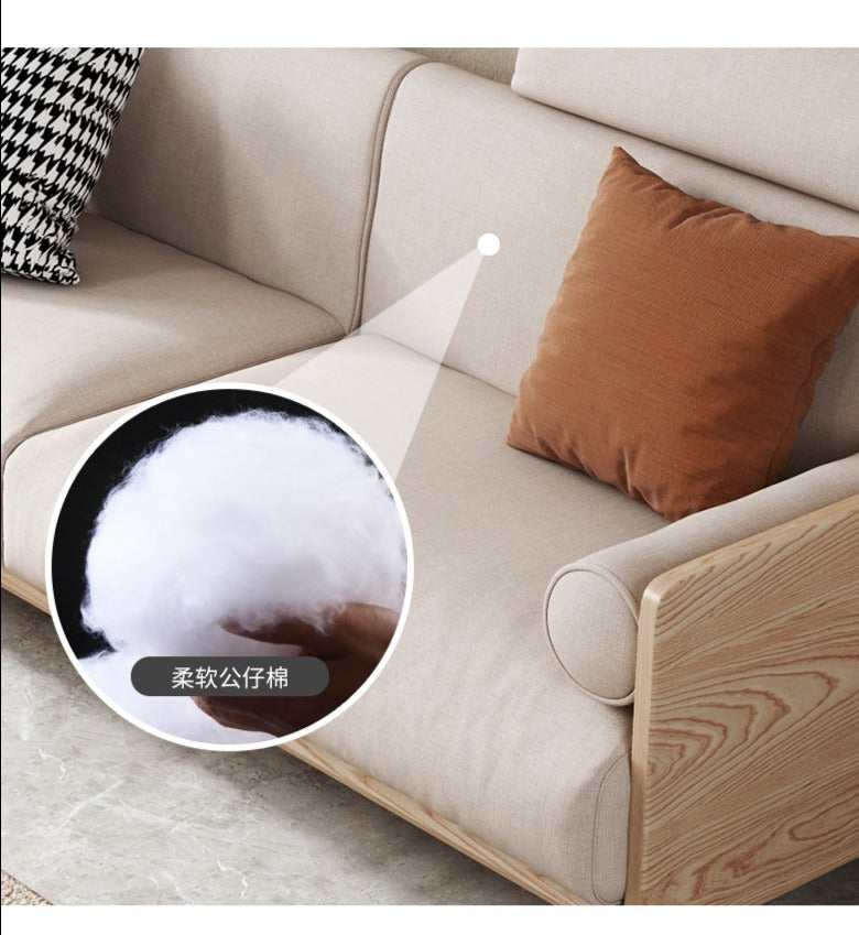 Canapé Avery en bois massif avec coussin amovible en tissu de style japonais