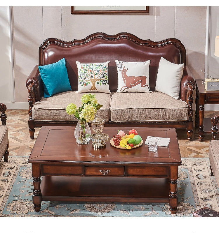 Canapé américain en bois massif BOSTON HILTON avec accoudoirs 1+2+3 et assise en cuir et tissu