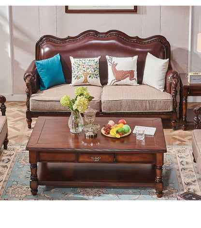 Canapé américain en bois massif BOSTON HILTON avec accoudoirs 1+2+3 et assise en cuir et tissu