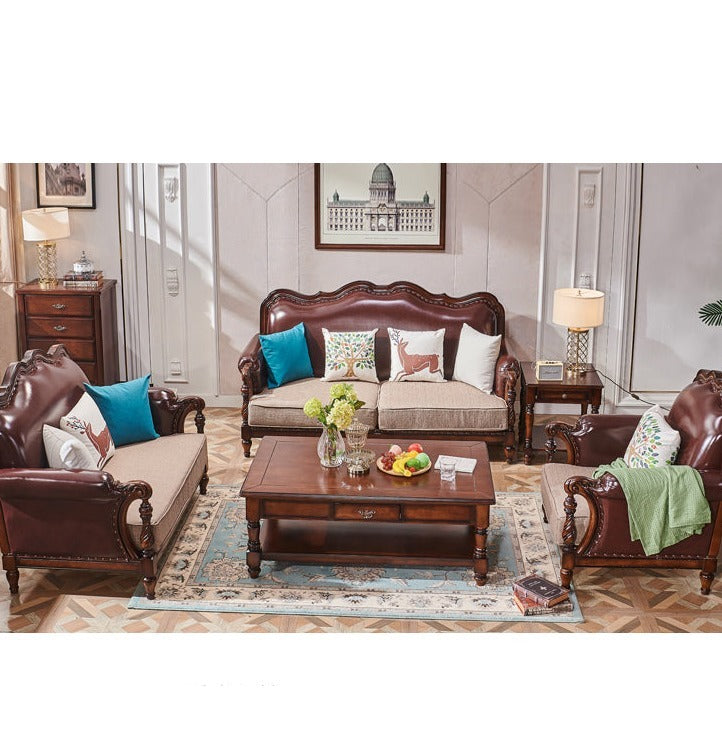 Canapé américain en bois massif BOSTON HILTON avec accoudoirs 1+2+3 et assise en cuir et tissu