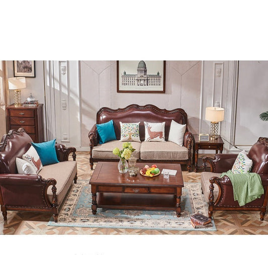 Canapé américain en bois massif BOSTON HILTON avec accoudoirs 1+2+3 et assise en cuir et tissu