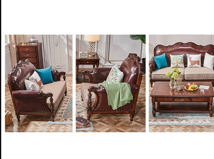 Canapé américain en bois massif BOSTON HILTON avec accoudoirs 1+2+3 et assise en cuir et tissu