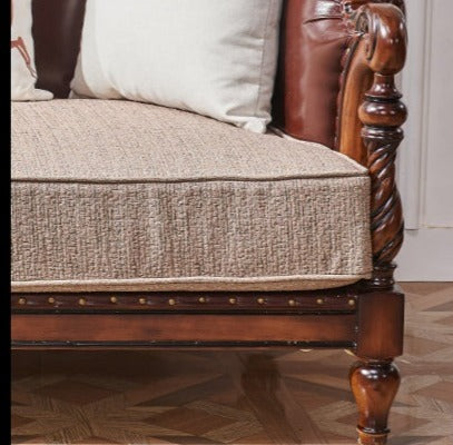 Canapé américain en bois massif BOSTON HILTON avec accoudoirs 1+2+3 et assise en cuir et tissu