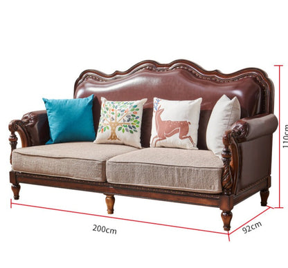 Canapé américain en bois massif BOSTON HILTON avec accoudoirs 1+2+3 et assise en cuir et tissu