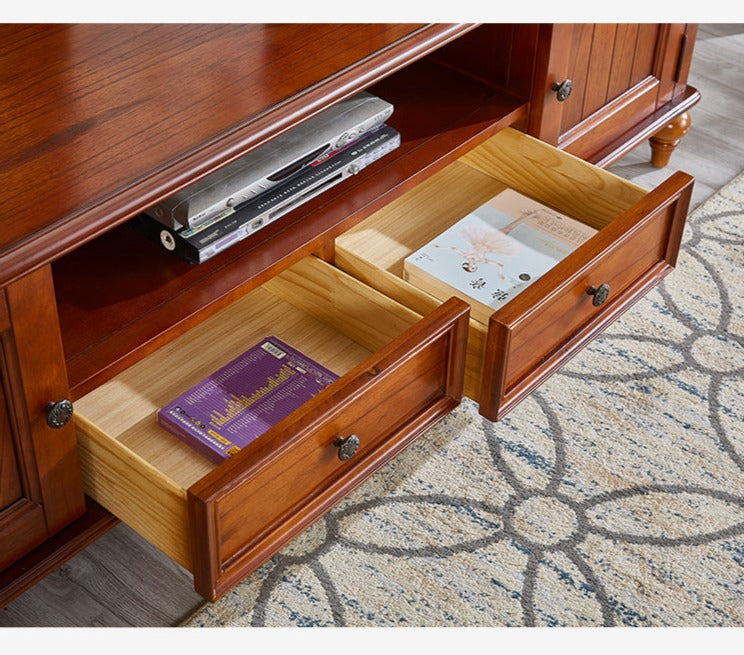 Vitrine en verre Calvin 2 tiroirs, console TV, table basse, salon de style classique américain en bois massif