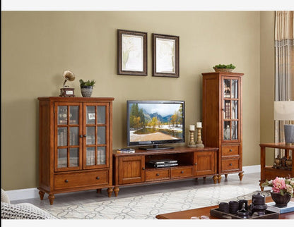 Vitrine en verre Calvin 2 tiroirs, console TV, table basse, salon de style classique américain en bois massif