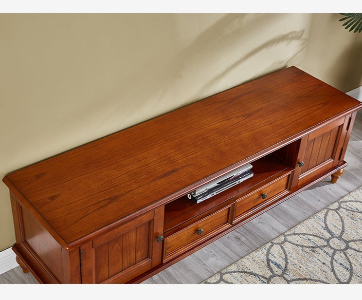 Vitrine en verre Calvin 2 tiroirs, console TV, table basse, salon de style classique américain en bois massif