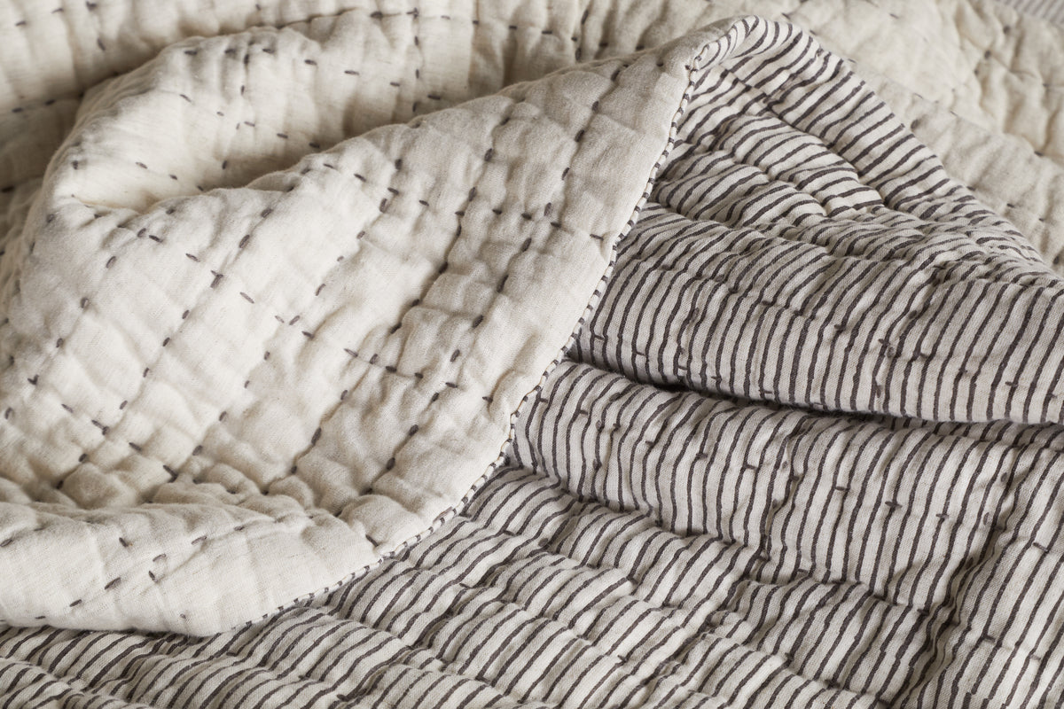 Couette Dipti en coton et lin imprimé bloc - Anthracite