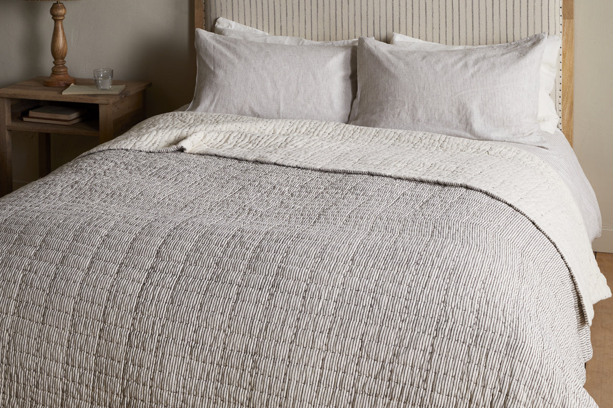 Couette Dipti en coton et lin imprimé bloc - Anthracite