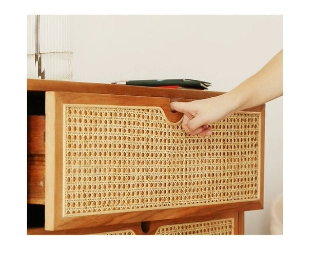 Commode japonaise Dakota RITZ en rotin massif couleur noyer cerisier naturel