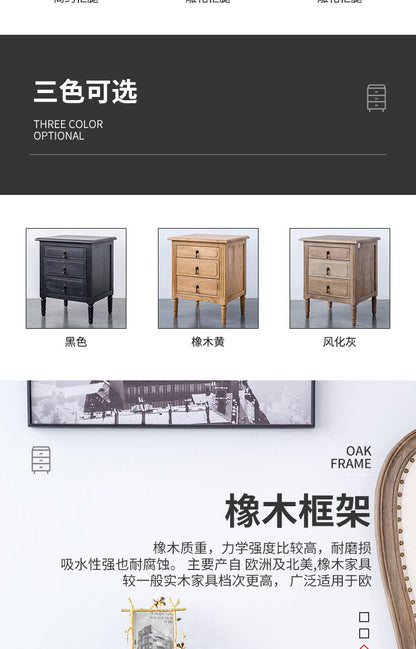 Table de chevet EZEKIEL de style campagnard américain français, 3 tiroirs (3 couleurs au choix) 