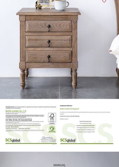 Table de chevet EZEKIEL de style campagnard américain français, 3 tiroirs (3 couleurs au choix) 