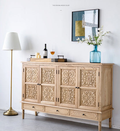Buffet marocain français GENESIS en bois massif sculpté rétro, meuble console TV 